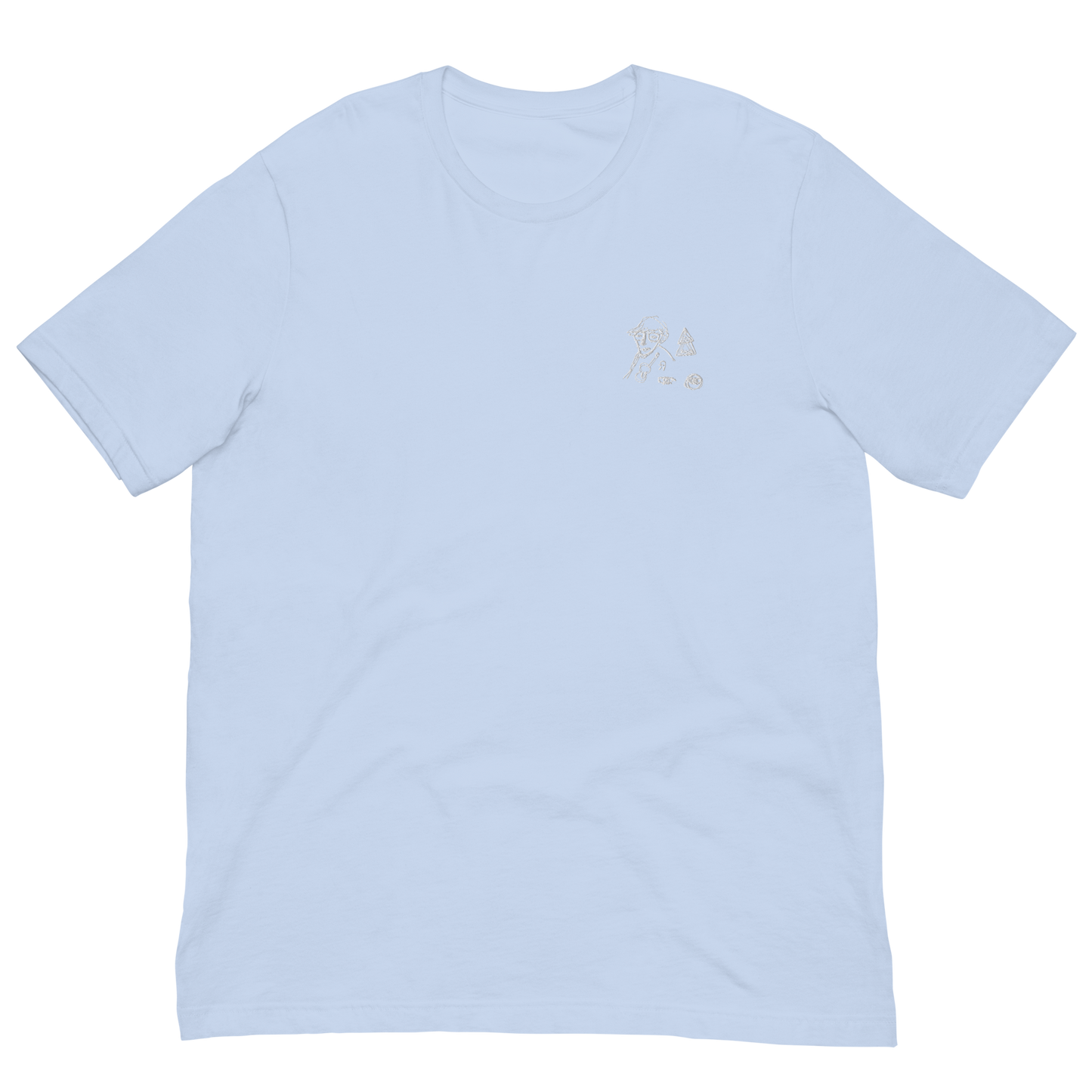 white embroidery on baby blue t-shirt