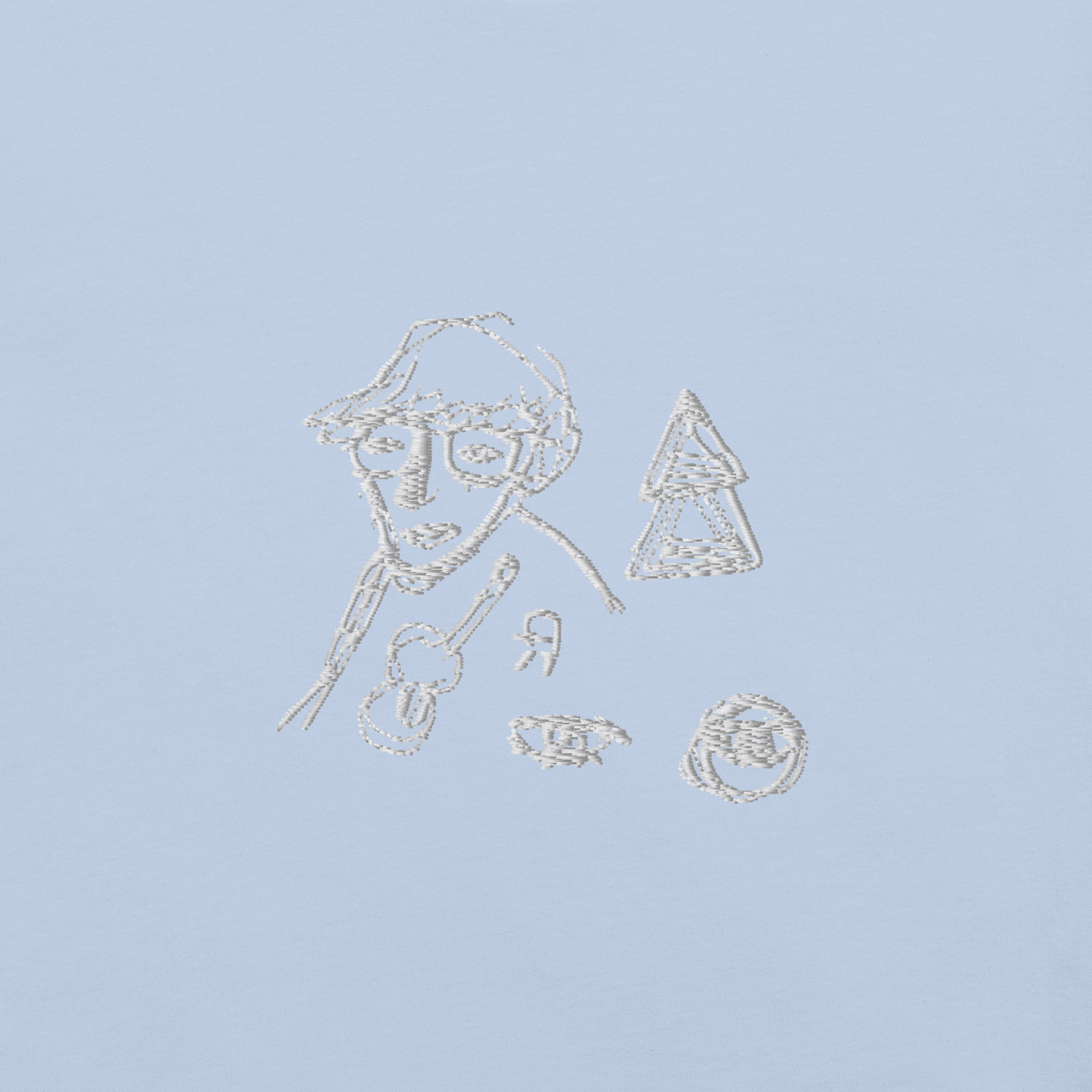 white embroidery on baby blue t-shirt