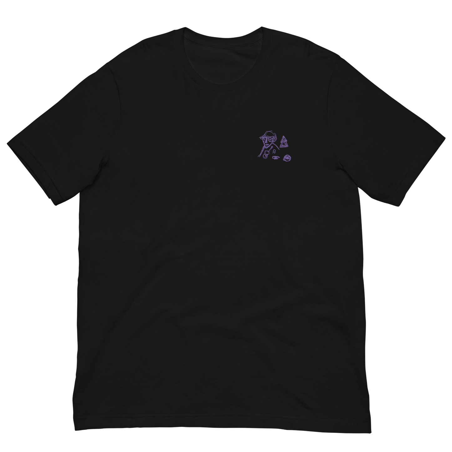 purple embroidery on black t-shirt