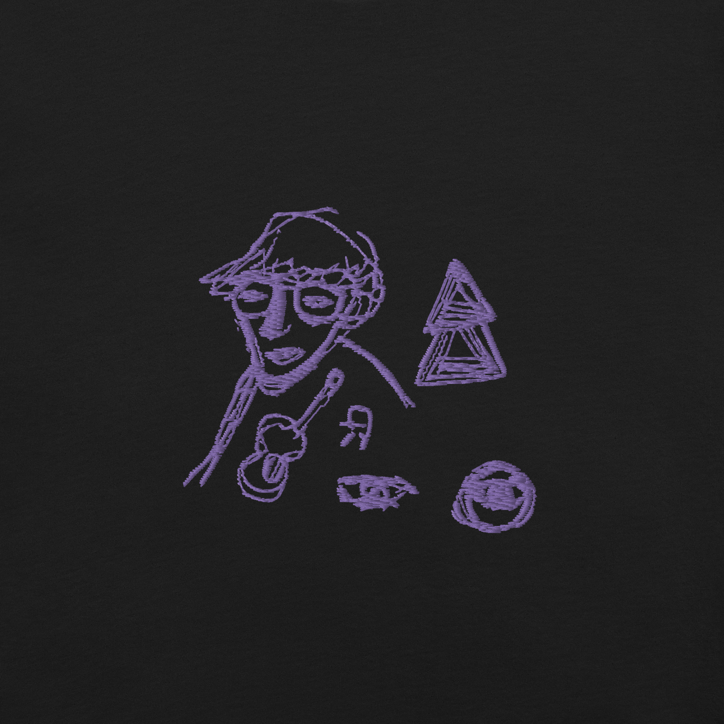 purple embroidery on black t-shirt